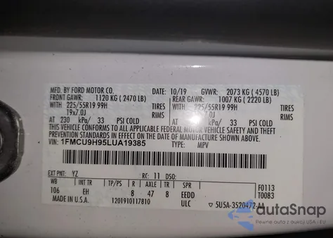 2020 Ford Escape Sel из США, поврежденный, VIN 1FMCU9H95LUA19385